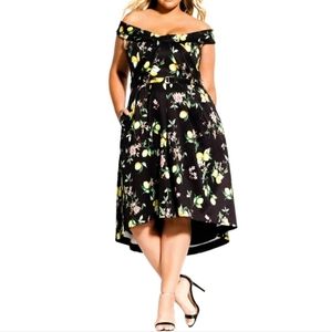 City Chic NWT Amalfi Fit & Flare Floral Dress, Black With Lemon Print, Size 20